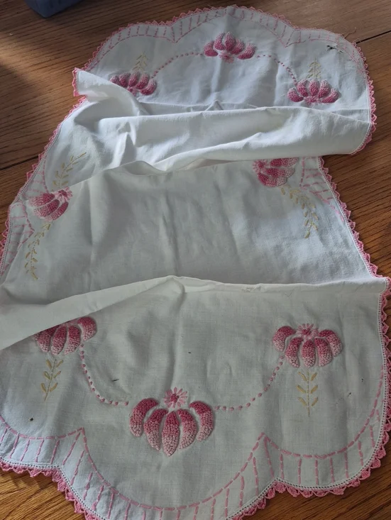 White Linen Runner with Pink Embroidered Floral Design
