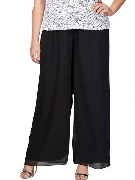 Alex Evenings Black Chiffon Wide Leg Pants 3X Elegant Minimalist Formal Flowy