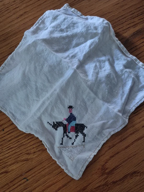 White Embroidered Horse & Rider Linen Napkin