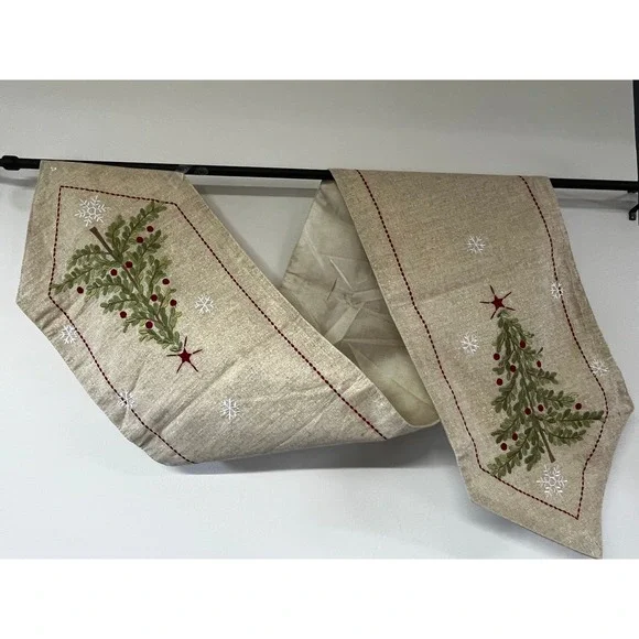 Christmas Tree Embroidered Table Runner Gold Metallic Snowflakes Neutral 72