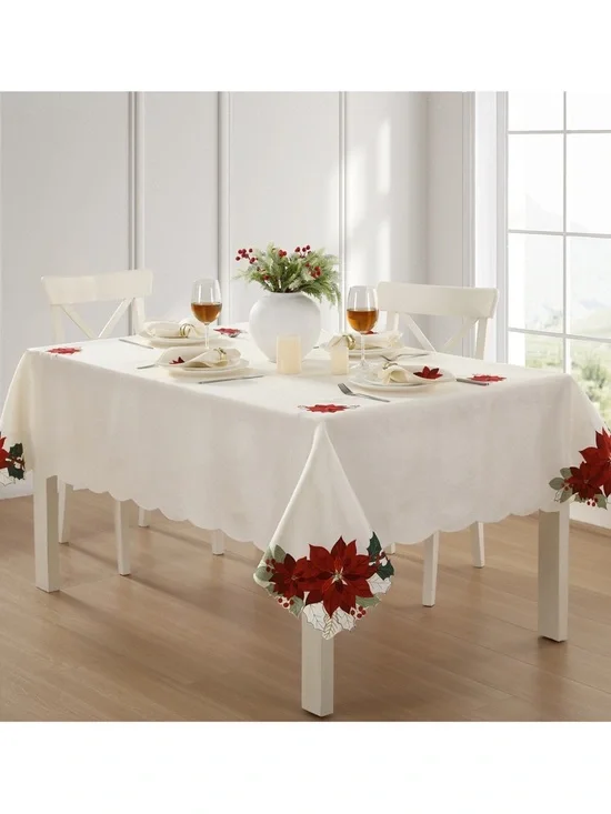 White Holiday Poinsettia Tablecloth - Elegant Dining Accent