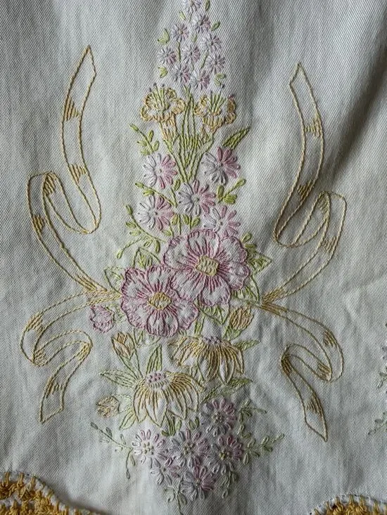 Vintage 38” Embroidered Floral Table Runner Yellow Lace Trim Cottagecore Granny
