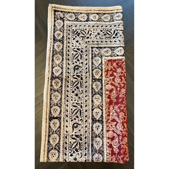 Vintage Indian Block Print Floral Tablecloth Border Black Burgundy Square 44