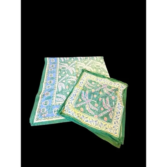 Vtg Tablecloth & Napkin Set Dragonfly Pastel Print by Pomegranate 55