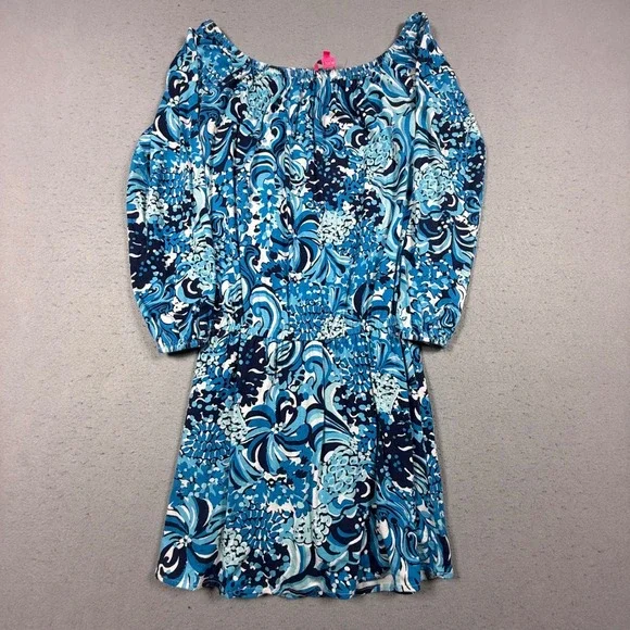 Lilly Pulitzer Calla Off Shoulder Romper Twilight Blue XXS 3/4 Sleeve Blouson