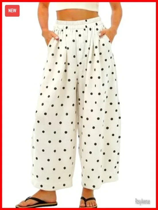 Women's Boho Cotton Linen Elastic Waist Wide Leg Palazzo Pants with Pockets