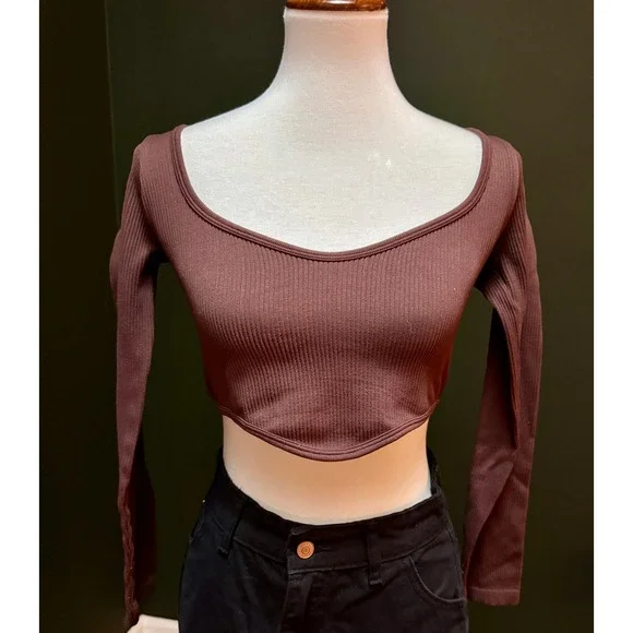 Zara Brown Ribbed Knit Long Sleeve Cropped Top‎ Women's Size M/L
