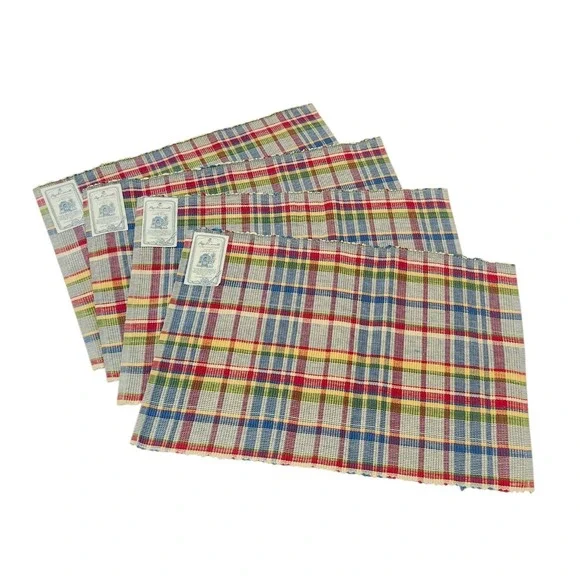 NWT APRIL CORNELL Placemats Set of 4 Multi-color Plaid Cotton Cottagecore