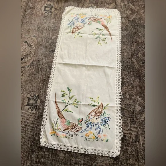39 x 17 inch table runner Vintage hand-embroidered pheasants crochet trim