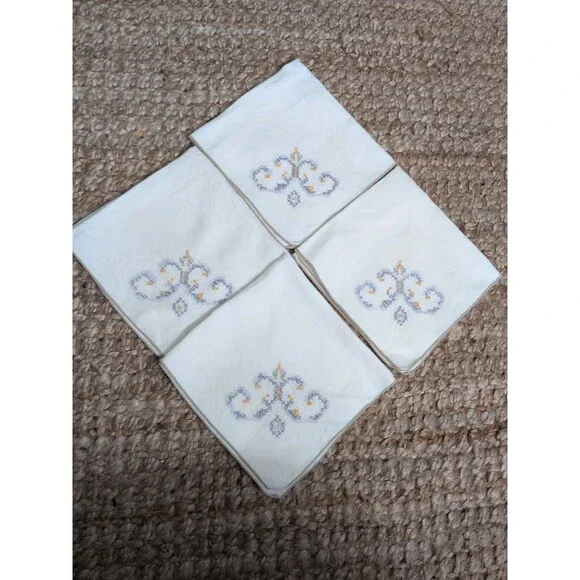 Vintage Linen Dinner Napkins Set Of 4 Cross Stitch Embroidery Blue Gold Metallic