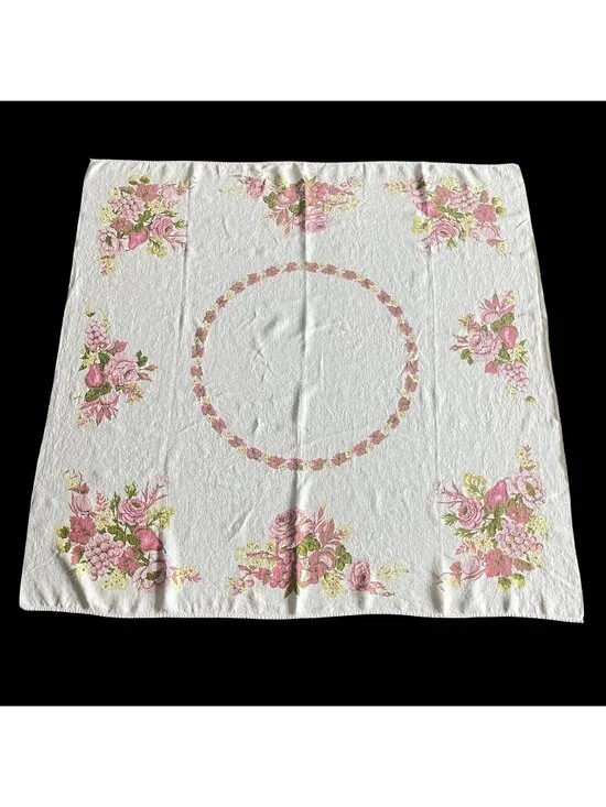 Vintage Cotton Floral Tablecloth 49x48 Square Yellow Pink Green Fruit and Floral