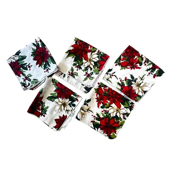 Christmas Poinsettia Cloth Napkins Set of 5 Red White Floral 17x17 aprox Square‎