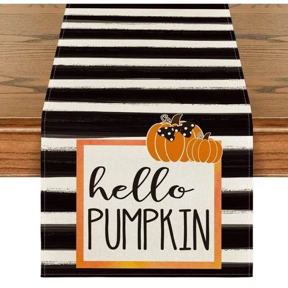 Watercolor Stripes Hello Pumpkin Thanksgiving Table Runner Seasonal Fall Harvest
