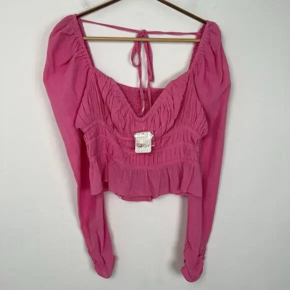 $98 Free People Women's Size Small Pink Chloe Smocked Tie Neck Blouse‎ Top
