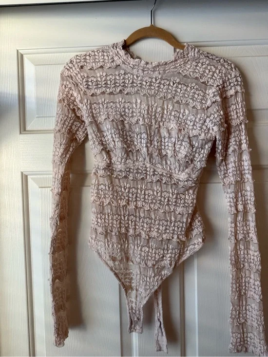 Free People Lace  Long Sleeve Bodysuit in Beige