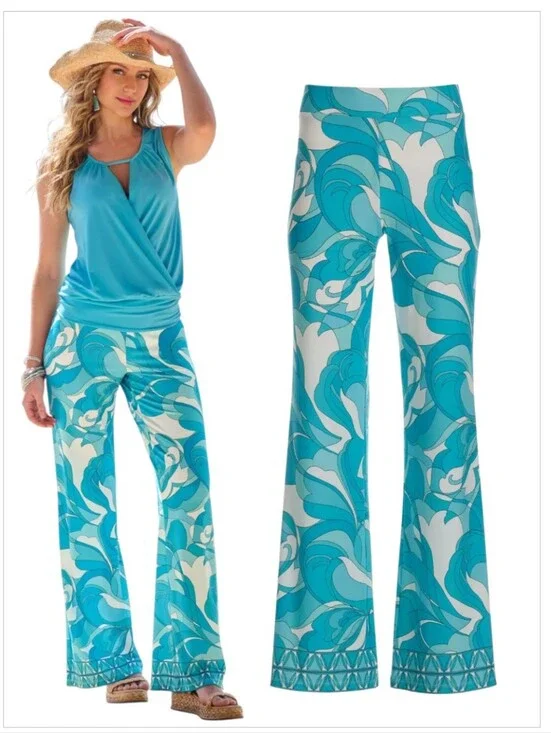 Boston Proper Teal Waters Print Palazzo Pants Blue Abstract Flare Wide Leg Sz M