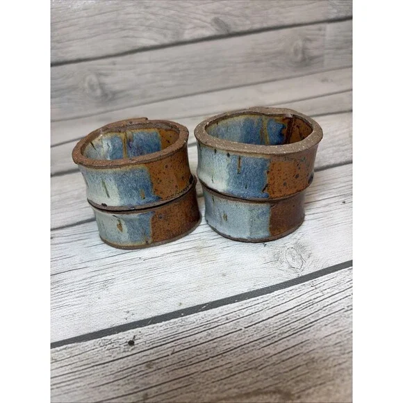 Handmade Studio Art Stoneware Natural Rustic Wheat Napkin Rings Set Of 4 Blue Be