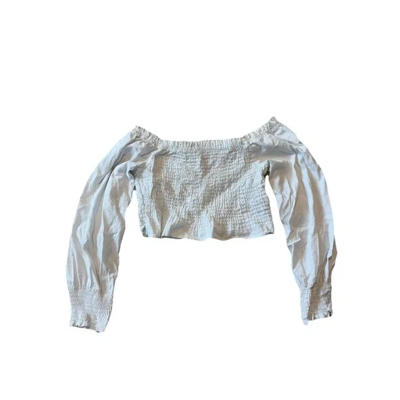 Zara White Smocked Puff Sleeve Ruffle Hem Crop Top Women Medium Coquette Cottage