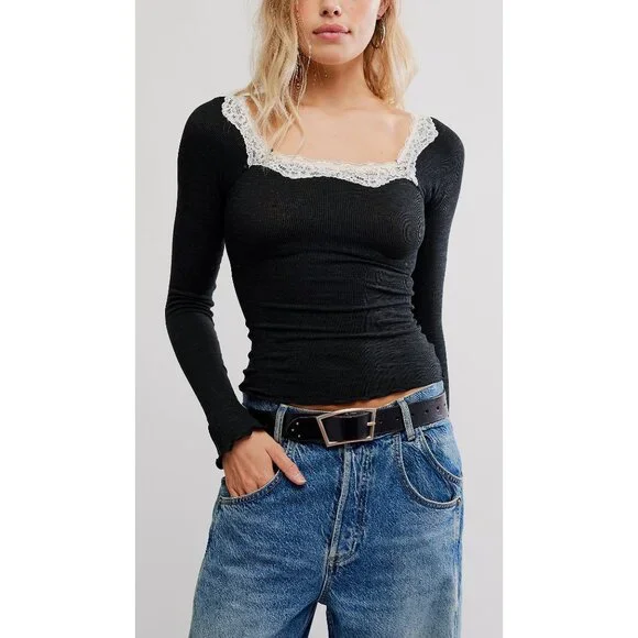 Free People Black Long-Sleeve Lace Trim Square Neck Top