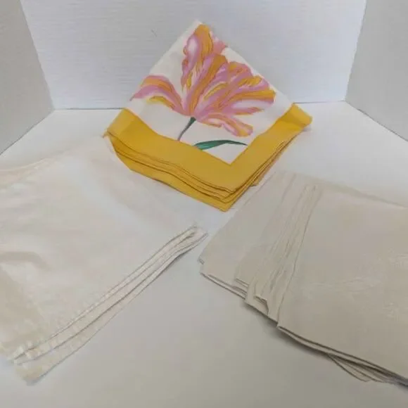 Grandma's Vintage Linen Drawer 3 Sets  White Cotton, Ivory Damask, Yellow Flower