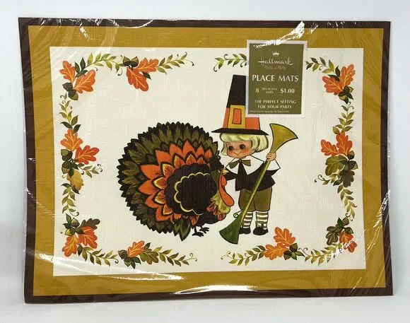 VTG 70s Thanksgiving 8 reusable Placemats Hallmark Plans-a-Party Big Eye Girl