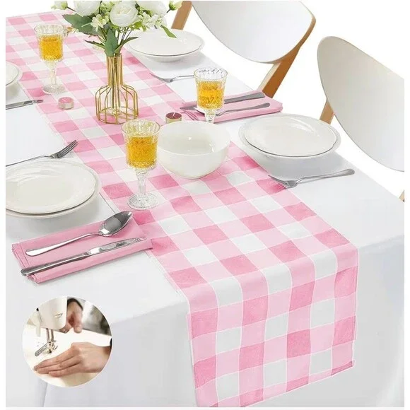 Pink and White Buffalo Checked Gingham Waterproof Table Runner 14x108 Set of 3