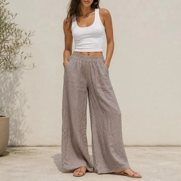 Match Point USA Small Linen Wide Leg Pants Lagenlook Elastic Waist Oversized EUC