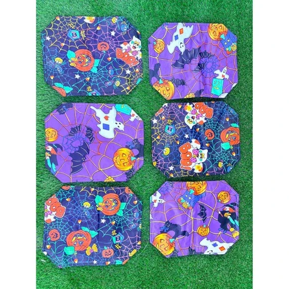 Vintage Halloween Placemats‎ Set of 6 Reversible Purple Black Witch Ghost Boo