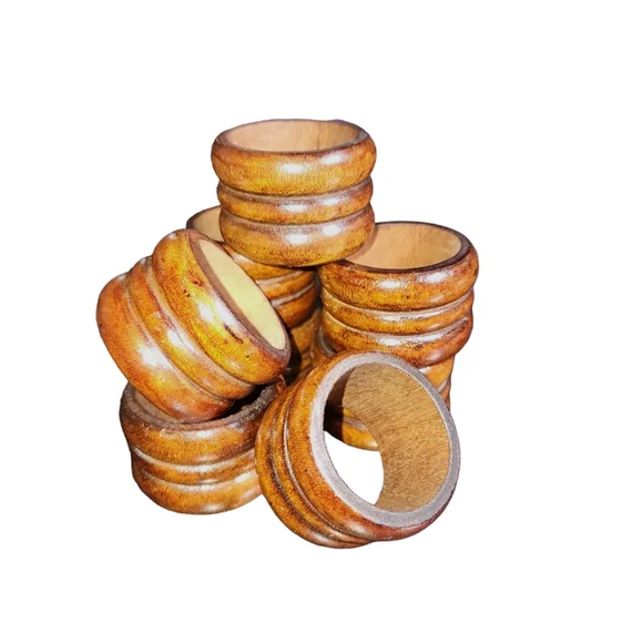 Vintage Taiwain #8 Mid Century Round Turned Wood Napkin Rings 1.75