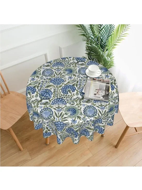NEW Blue Sage Green Round Floral Tablecloth. Vintage Look.Chinoiserie Floral