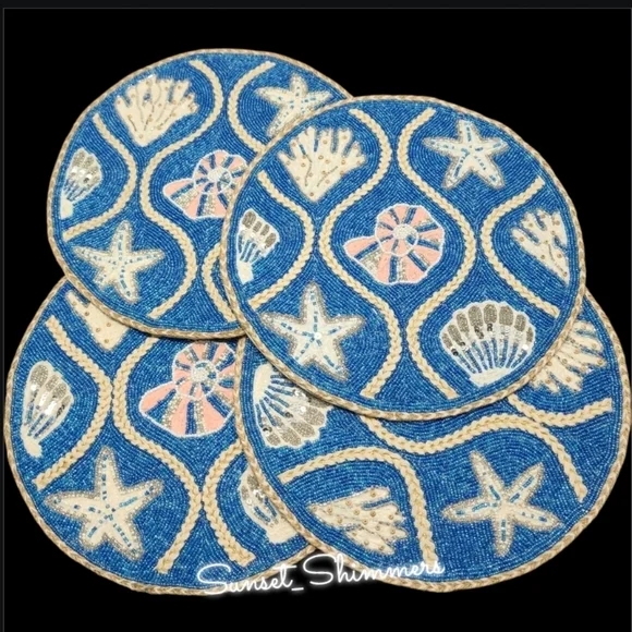 4 Beaded Coastal Seashell Starfish Sea Coral Jute Accent Placemats Chargers Set