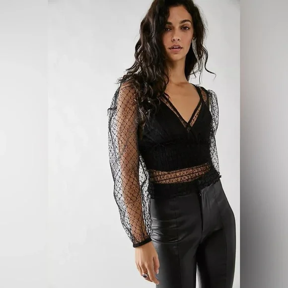 Free People Black Sheer Lace Puff Sleeve Crop Top