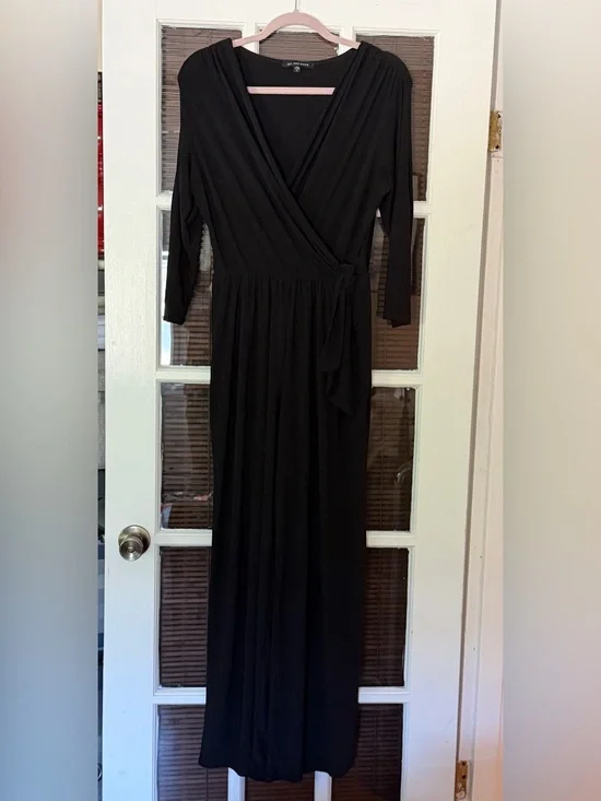 NIK & NASH Women’s L Black Long Sleeve Faux Wrap Wide Leg Jumpsuit | SKU 0424
