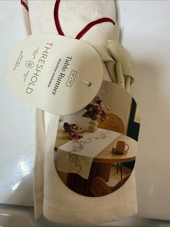 Threshold Cream Table Runner with Red Script Embroidery