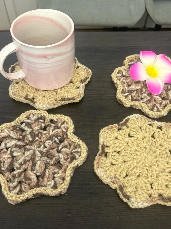 Handmade Crochet Flower Coasters Set - Cream and Multi-Tone