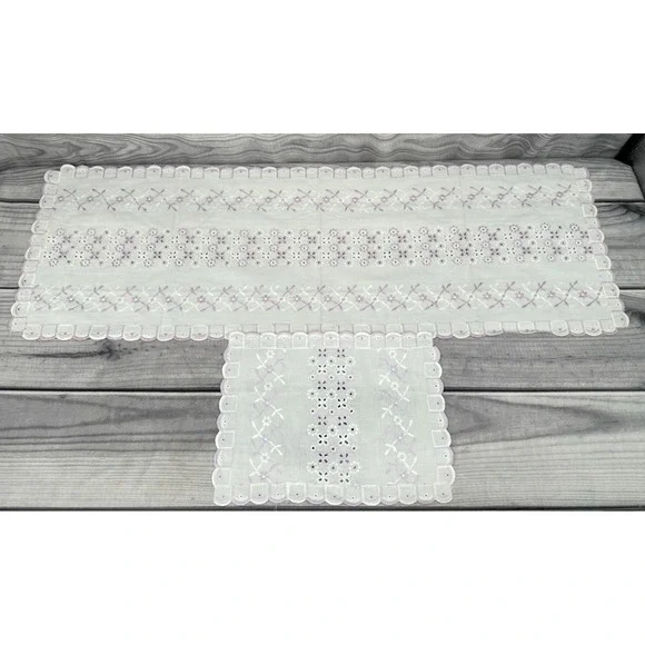 2 VINTAGE EMBROIDERED EYELET TABLE / DRESSER SCARF -‎ WHITE / LAVENDER      *16