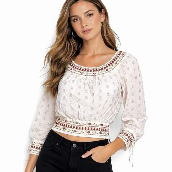 Anthropologie Beaded Embroidered Peasant Crop Top Small Boho India Metallic Dot