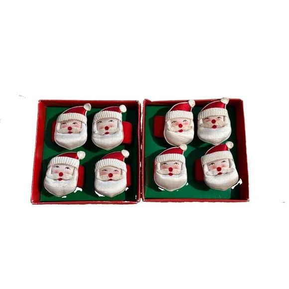 SANTA FABRIC CHRISTMAS HOLIDAY NAPKIN RINGS SET OF 8 VINTAGE