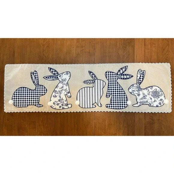 Blue White Bunny Table Runner Gingham Floral Easter Farmhouse Runner 47.5