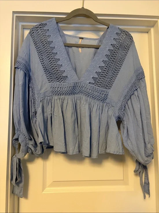 Free People Sky Blue Crochet-Trim Peasant Blouse