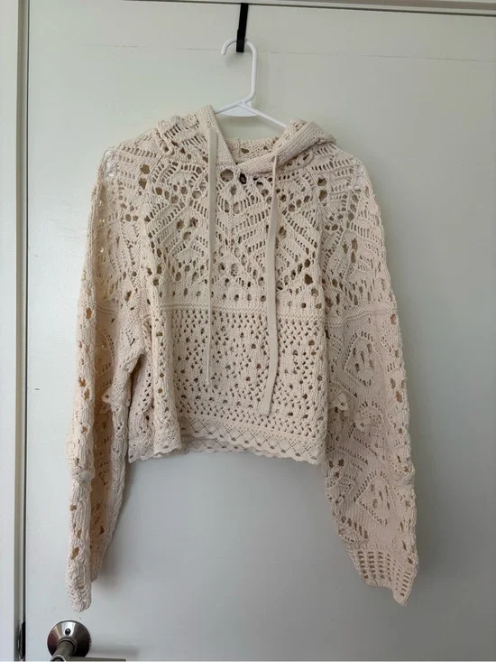 Anthropologie Ivory Crochet Hoodie