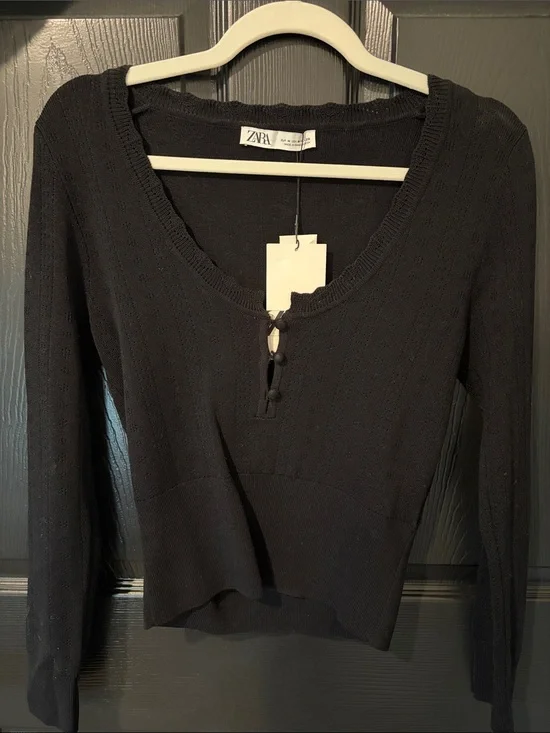 Zara Black Pointelle Long-Sleeve Knit Top with Front Button Detail