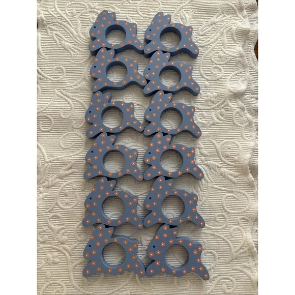 Vintage Avon Spring Blue Wood Bunny Easter Collection Napkin Rings Set Of 12
