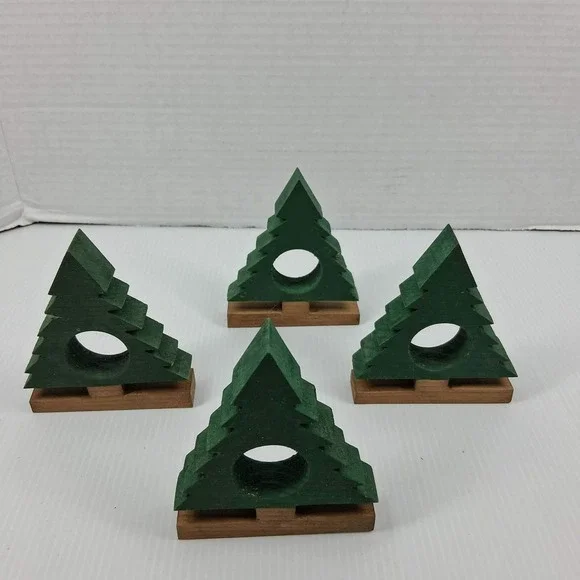 Vintage Style Wooden Christmas Tree Napkin Rings Set of 4‎ Green Rustic Holiday