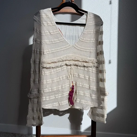 ZARA Trafaluc Boho Crochet Bell Sleeve Top Cream Festival Peasant Style
