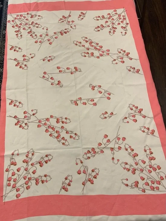 Vintage Linen Tablecloth White w/ Pink Lilies By William Ewart Irish Linens 65”