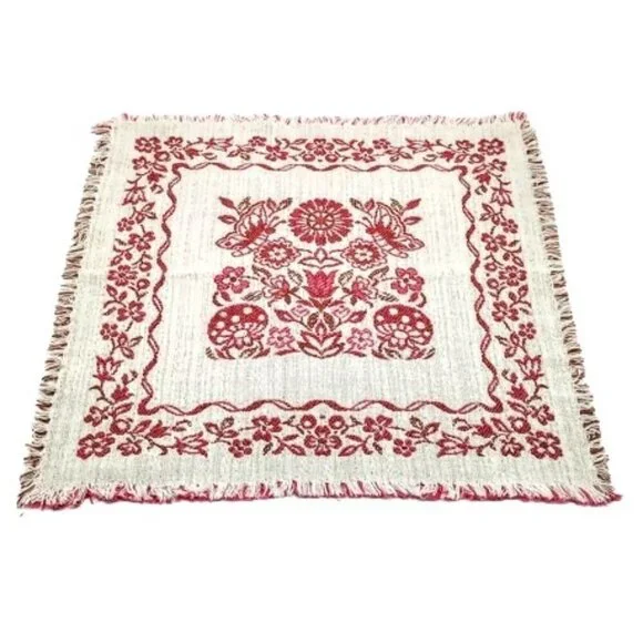 Vintage Red Floral Cotton Linen Fringed Square Woven Napkins