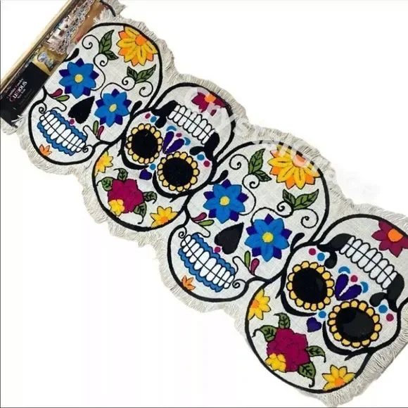 Sugar Skull Halloween Day‎ of The Dead Table Runner Floral CURIOUS