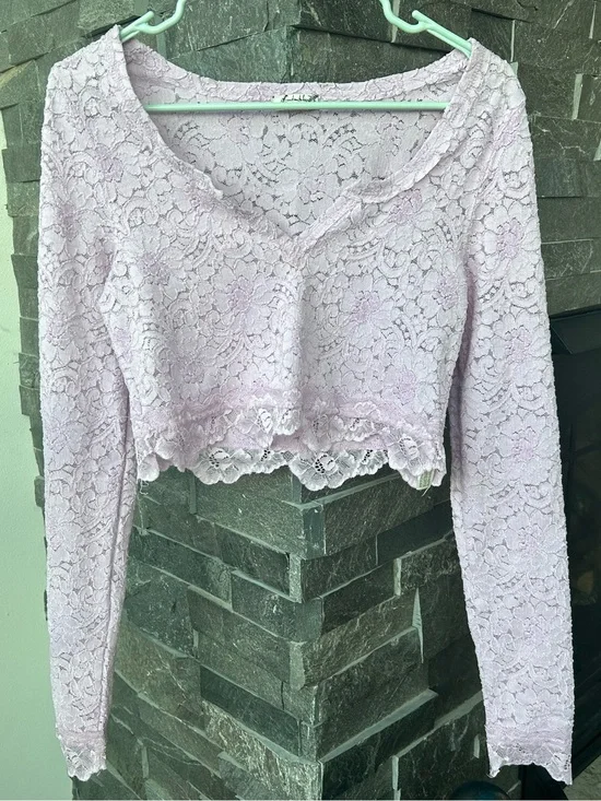 Free People Lavender Lace Long-Sleeve Cropped Top