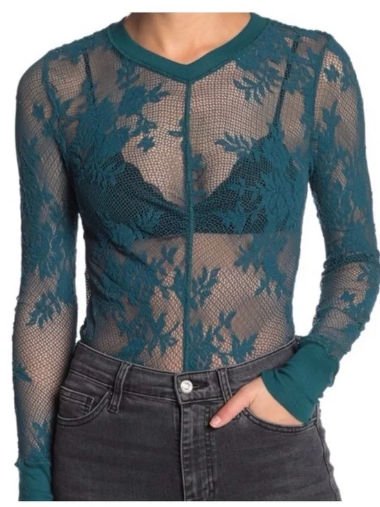 Free People Teal Sheer Floral Lace Long Sleeve Top